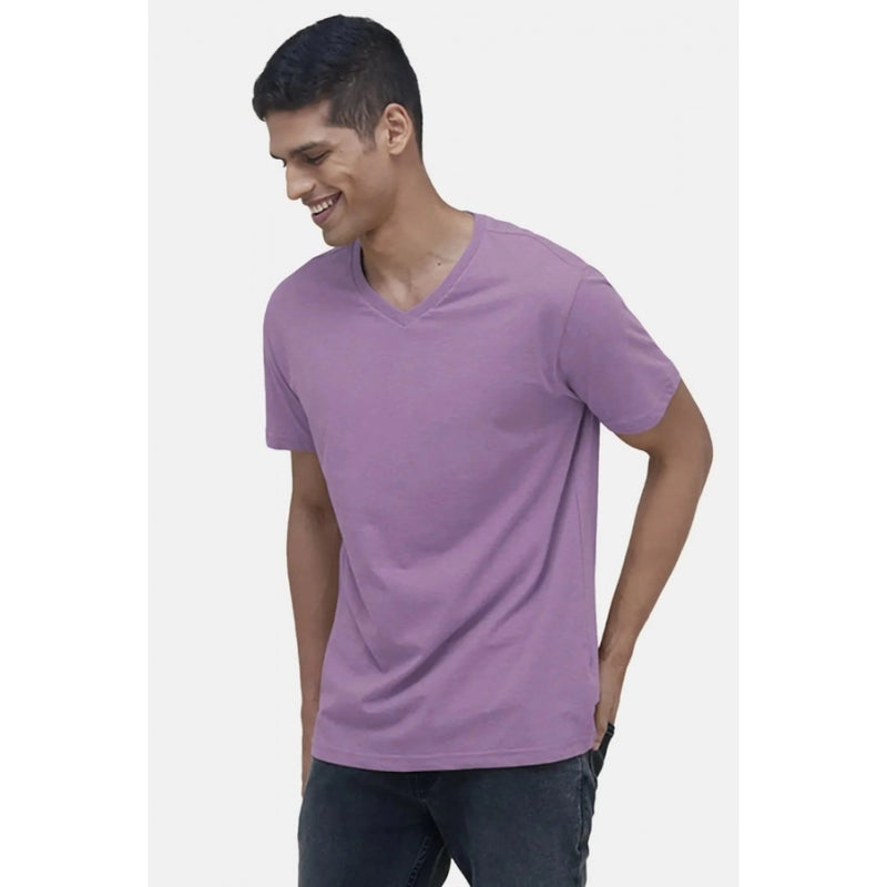 Mayawye Men's Casual Half sleeve Solid Cotton V Neck T-shirt (Lilac)