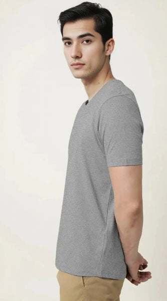 Mayawye Men's Casual Half sleeve Solid Cotton V Neck T-shirt (Grey Melange)
