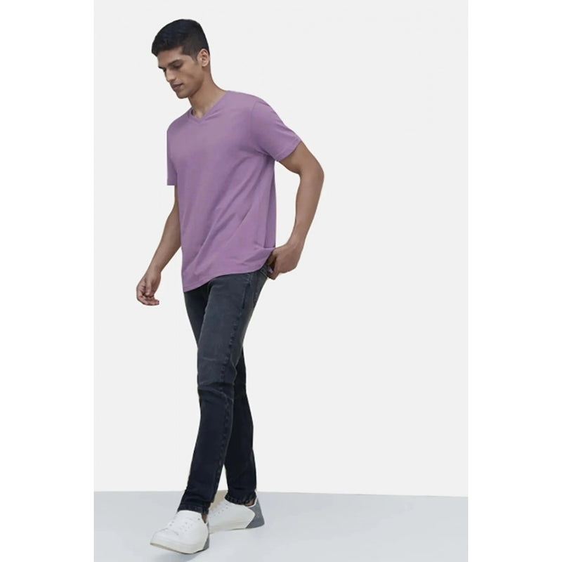 Mayawye Men's Casual Half sleeve Solid Cotton V Neck T-shirt (Lilac)