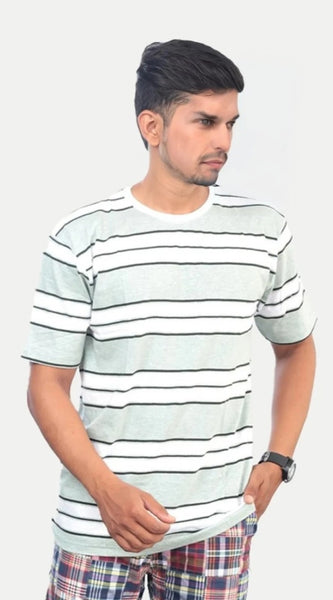 Mayawye Men's Casual Half sleeve Stripped Cotton Crew Neck T-shirt (White )