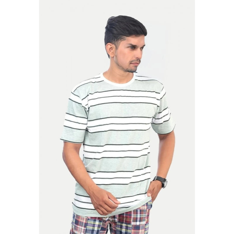 Mayawye Men's Casual Half sleeve Stripped Cotton Crew Neck T-shirt (White )