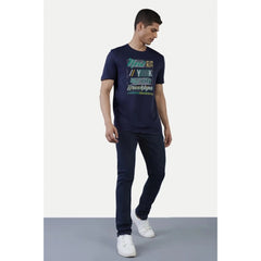 Mayawye Men's Casual Half sleeve Printed Polyester Crew Neck T-shirt (Navy)