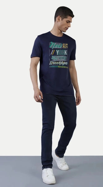Mayawye Men's Casual Half sleeve Printed Polyester Crew Neck T-shirt (Navy)