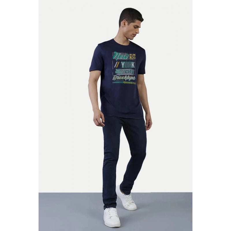 Mayawye Men's Casual Half sleeve Printed Polyester Crew Neck T-shirt (Navy)
