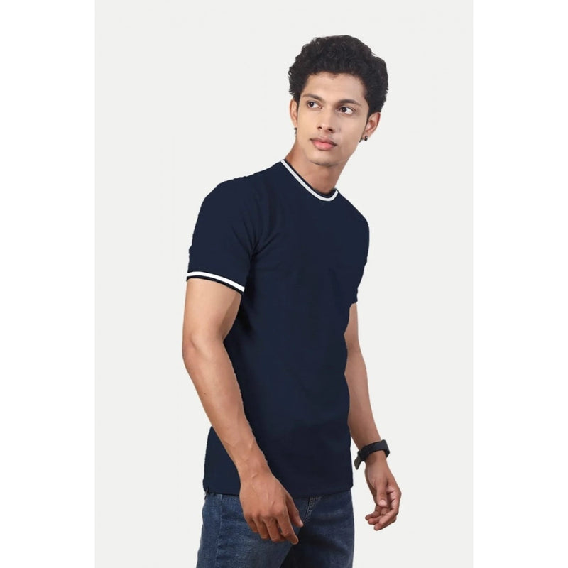 Mayawye Men's Casual Half sleeve Solid Polyester Crew Neck T-shirt (Navy)