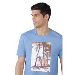 Mayawye Men's Casual Half sleeve Digital Printed Cotton Crew Neck T-shirt (Sky Blue)