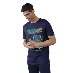 Mayawye Men's Casual Half sleeve Printed Polyester Crew Neck T-shirt (Navy)