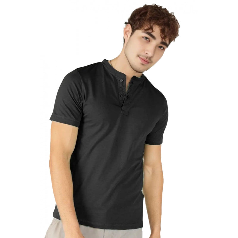 Mayawye Men's Casual Half sleeve Solid Cotton Henley Neck T-shirt (Black)