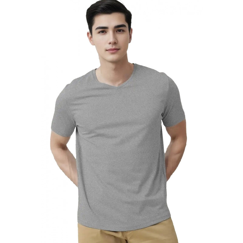 Mayawye Men's Casual Half sleeve Solid Cotton V Neck T-shirt (Grey Melange)