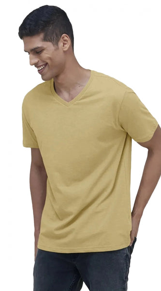 Mayawye Men's Casual Half sleeve Solid Cotton V Neck T-shirt (Sand)