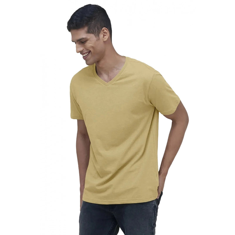 Mayawye Men's Casual Half sleeve Solid Cotton V Neck T-shirt (Sand)