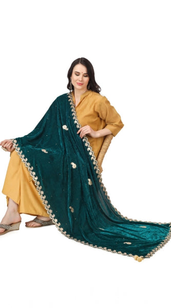 Mayawye Women's Velvet Gotta Patti Dupatta (Dark Green, Length: 2.25 to 2.50 Mtr)