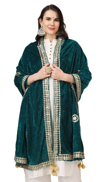 Mayawye Women's Velvet Gotta Patti Dupatta (Dark Green, Length: 2.25 to 2.50 Mtr)