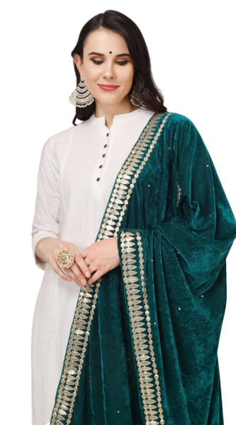 Mayawye Women's Velvet Gotta Patti Dupatta (Dark Green, Length: 2.25 to 2.50 Mtr)