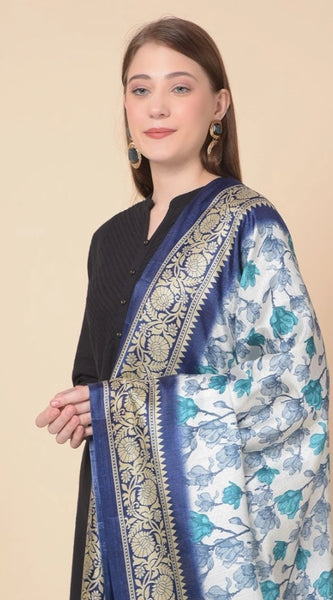 Mayawye Women's Art Silk Printed Dupatta (Blue, Length: 2.25 to 2.50 Mtr)