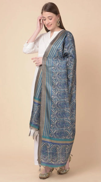 Mayawye Women's Art Silk Printed Dupatta (Blue, Length: 2.25 to 2.50 Mtr)
