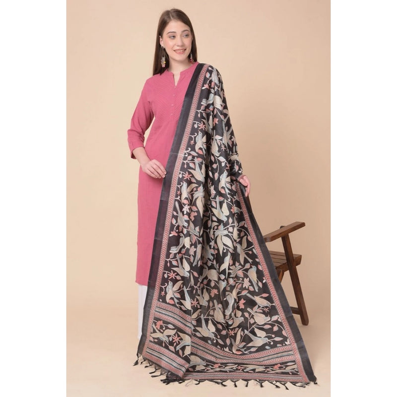 Mayawye Women's Art Silk Printed Dupatta (Black, Length: 2.25 to 2.50 Mtr)