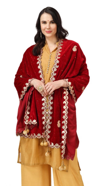 Mayawye Women's Velvet Gotta Patti Dupatta (Maroon, Length: 2.25 to 2.50 Mtr)