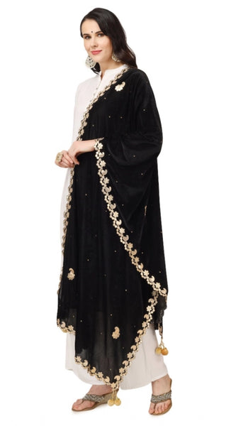 Mayawye Women's Velvet Gotta Patti Dupatta (Black, Length: 2.25 to 2.50 Mtr)