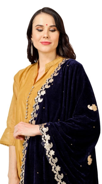 Mayawye Women's Velvet Gotta Patti Dupatta (Blue, Length: 2.25 to 2.50 Mtr)