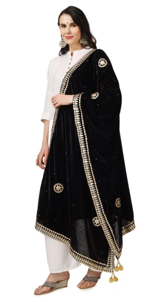 Mayawye Women's Velvet Gotta Patti Dupatta (Black, Length: 2.25 to 2.50 Mtr)