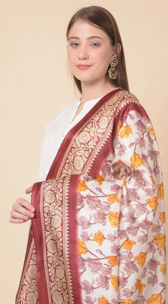 Mayawye Women's Art Silk Printed Dupatta (Maroon, Length: 2.25 to 2.50 Mtr)