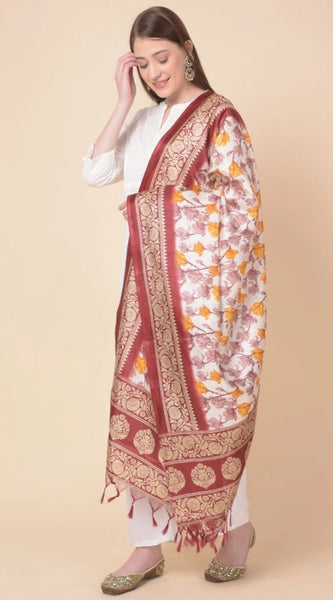 Mayawye Women's Art Silk Printed Dupatta (Maroon, Length: 2.25 to 2.50 Mtr)