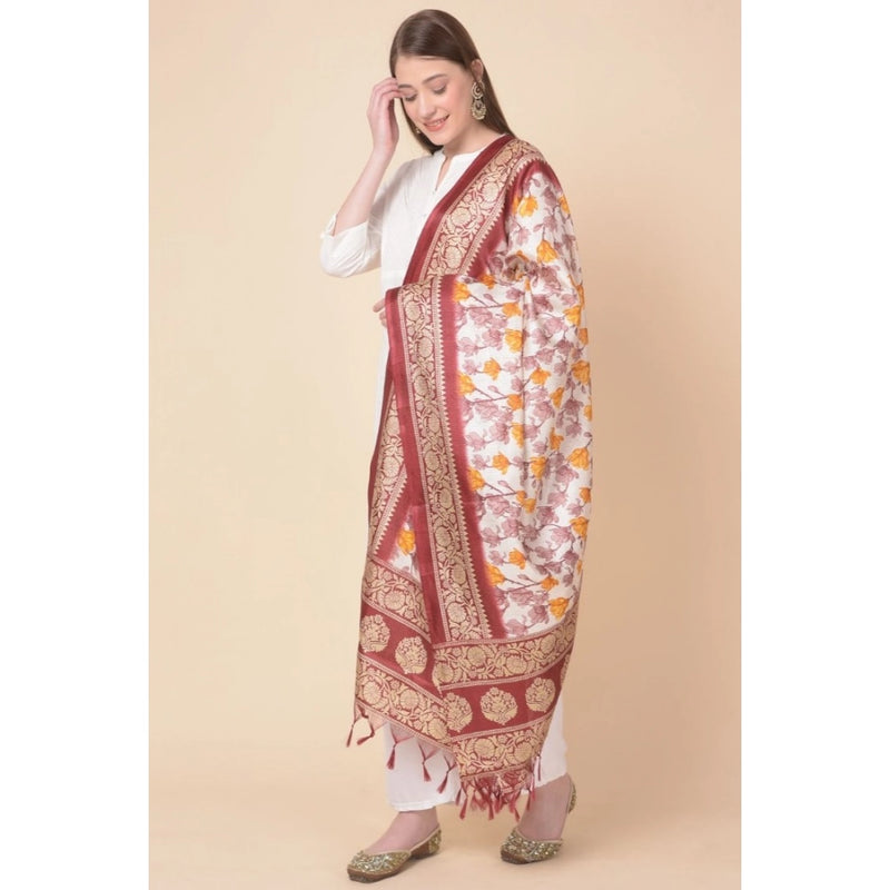 Mayawye Women's Art Silk Printed Dupatta (Maroon, Length: 2.25 to 2.50 Mtr)