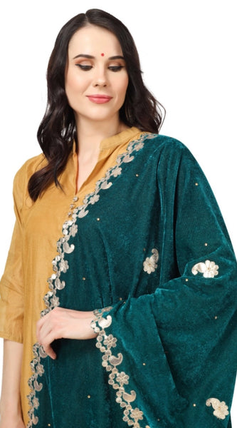 Mayawye Women's Velvet Gotta Patti Dupatta (Dark Green, Length: 2.25 to 2.50 Mtr)