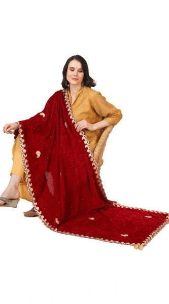 Mayawye Women's Velvet Gotta Patti Dupatta (Maroon, Length: 2.25 to 2.50 Mtr)