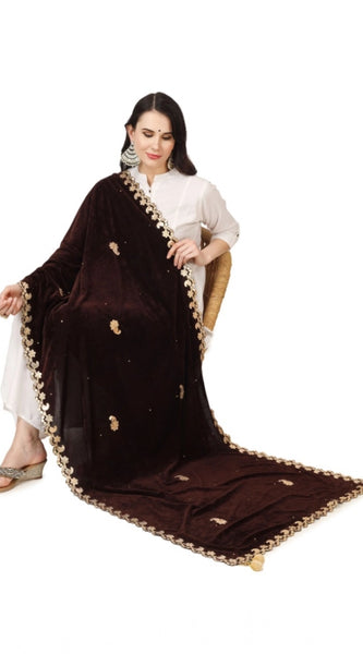 Mayawye Women's Velvet Gotta Patti Dupatta (Brown, Length: 2.25 to 2.50 Mtr)