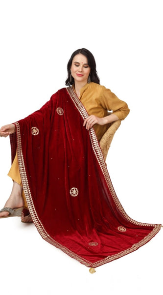 Mayawye Women's Velvet Gotta Patti Dupatta (Maroon, Length: 2.25 to 2.50 Mtr)