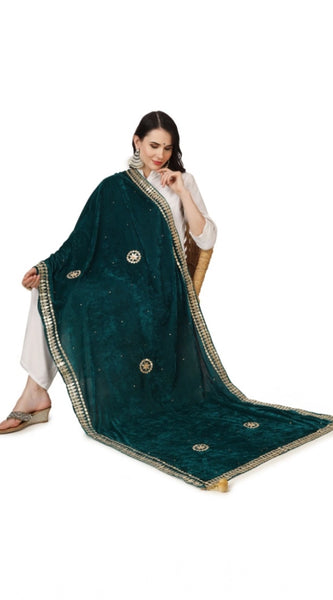 Mayawye Women's Velvet Gotta Patti Dupatta (Dark Green, Length: 2.25 to 2.50 Mtr)
