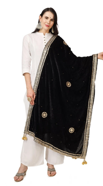 Mayawye Women's Velvet Gotta Patti Dupatta (Black, Length: 2.25 to 2.50 Mtr)