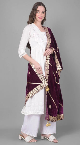 Mayawye Women's Velvet Gotta Patti Dupatta (Wine, Length: 2.25 to 2.50 Mtr)