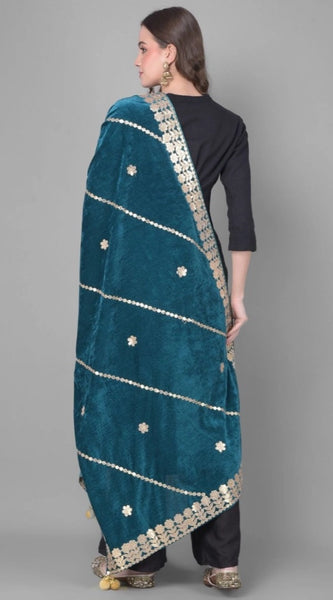 Mayawye Women's Velvet Gotta Patti Dupatta (Teal, Length: 2.25 to 2.50 Mtr)