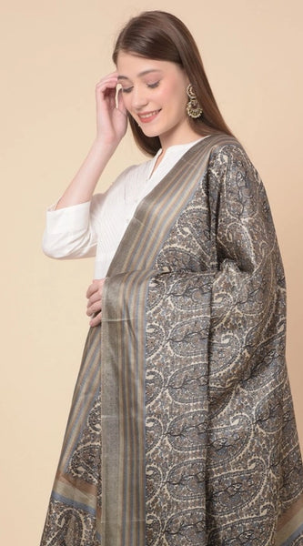 Mayawye Women's Art Silk Printed Dupatta (Grey, Length: 2.25 to 2.50 Mtr)