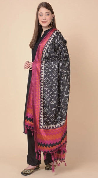 Mayawye Women's Art Silk Printed Dupatta (Black, Length: 2.25 to 2.50 Mtr)