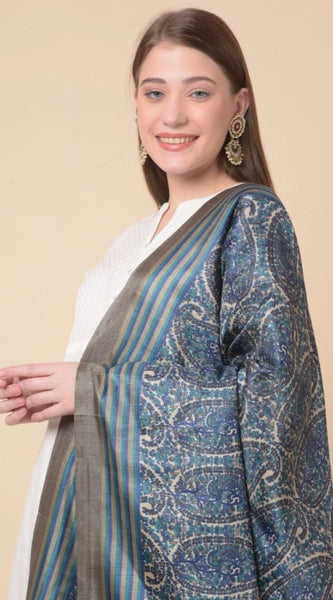 Mayawye Women's Art Silk Printed Dupatta (Blue, Length: 2.25 to 2.50 Mtr)