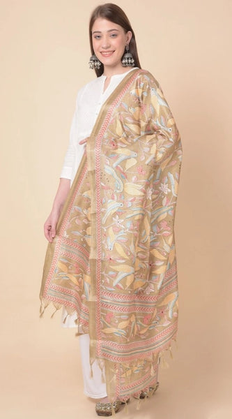 Mayawye Women's Art Silk Printed Dupatta (Light Brown, Length: 2.25 to 2.50 Mtr)
