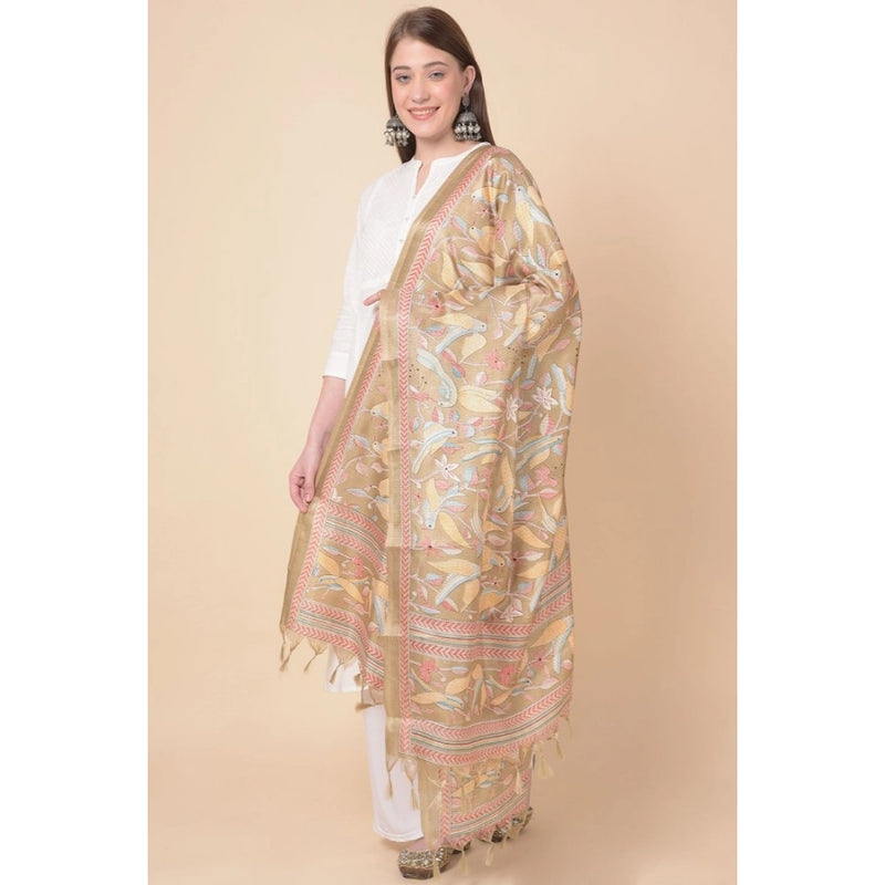Mayawye Women's Art Silk Printed Dupatta (Light Brown, Length: 2.25 to 2.50 Mtr)
