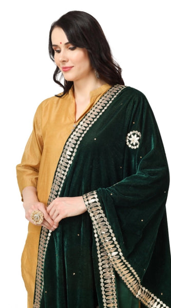 Mayawye Women's Velvet Gotta Patti Dupatta (Green, Length: 2.25 to 2.50 Mtr)