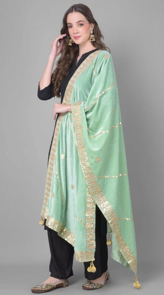 Mayawye Women's Velvet Gotta Patti Dupatta (Sea Green, Length: 2.25 to 2.50 Mtr)