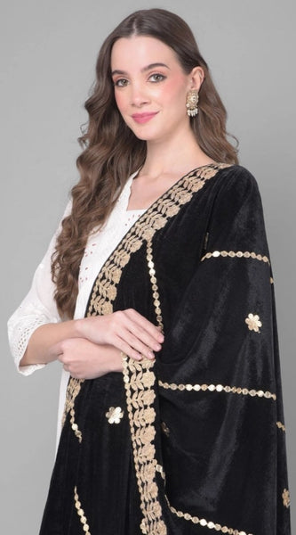 Mayawye Women's Velvet Gotta Patti Dupatta (Black, Length: 2.25 to 2.50 Mtr)