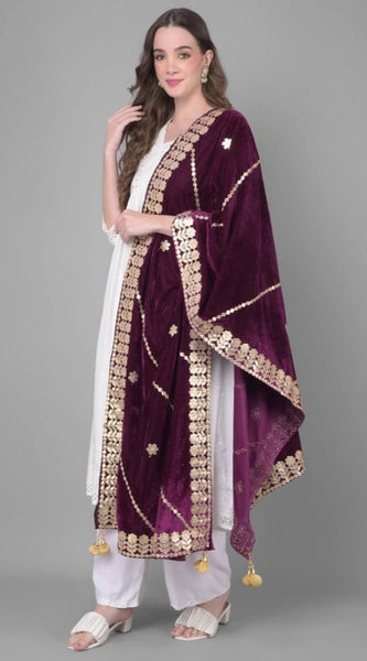 Mayawye Women's Velvet Gotta Patti Dupatta (Wine, Length: 2.25 to 2.50 Mtr)
