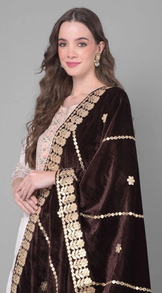 Mayawye Women's Velvet Gotta Patti Dupatta (Brown, Length: 2.25 to 2.50 Mtr)