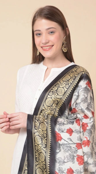 Mayawye Women's Art Silk Printed Dupatta (Black, Length: 2.25 to 2.50 Mtr)