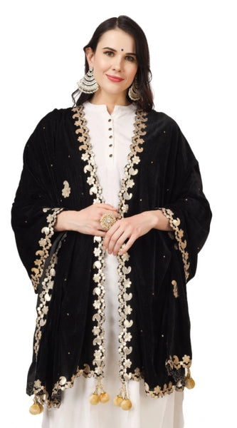 Mayawye Women's Velvet Gotta Patti Dupatta (Black, Length: 2.25 to 2.50 Mtr)