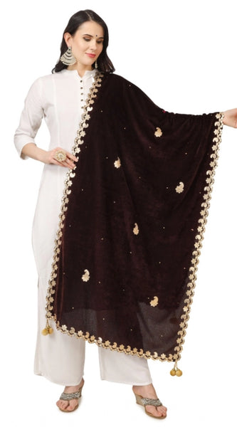 Mayawye Women's Velvet Gotta Patti Dupatta (Brown, Length: 2.25 to 2.50 Mtr)
