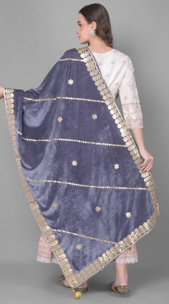 Mayawye Women's Velvet Gotta Patti Dupatta (Grey, Length: 2.25 to 2.50 Mtr)